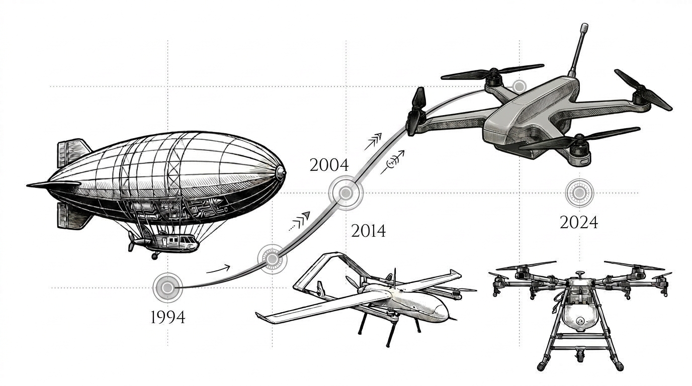 Evolution of SDR unmanned platforms — from the 1994 commercial airship to fixed-wing UAVs and today's multirotor drones (2024)